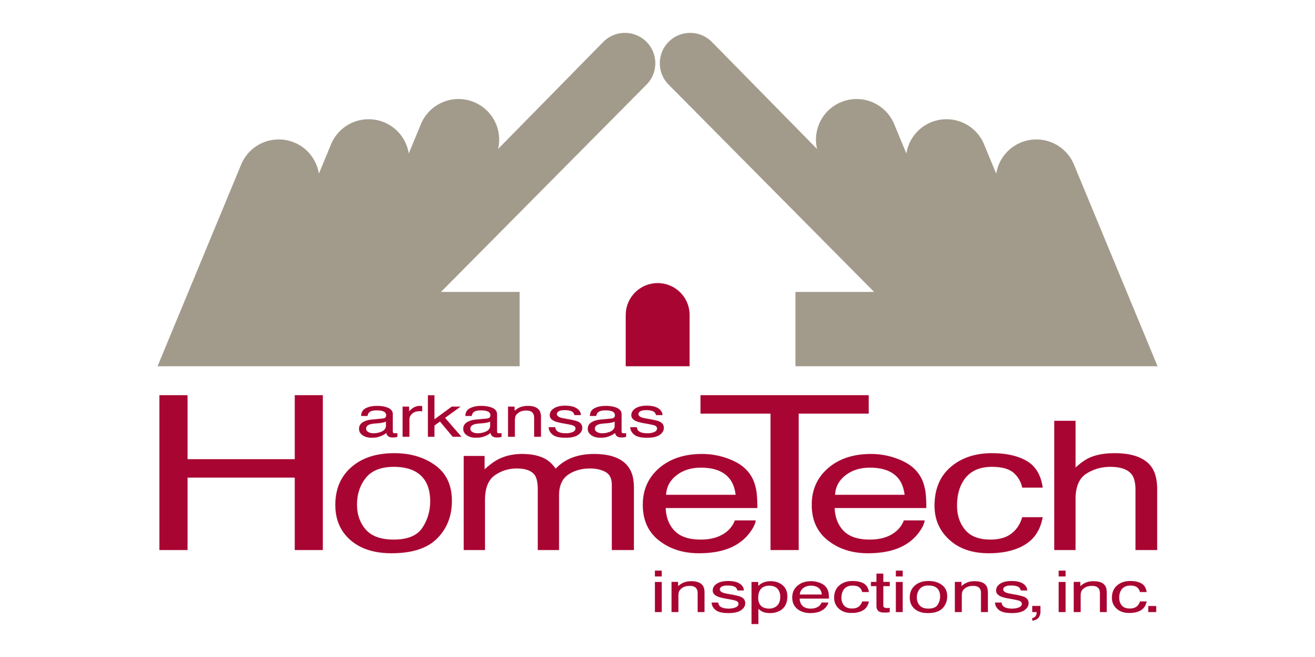 Arkansas HomeTech logo with a beige roof formed by hands over a red doorway and maroon text.