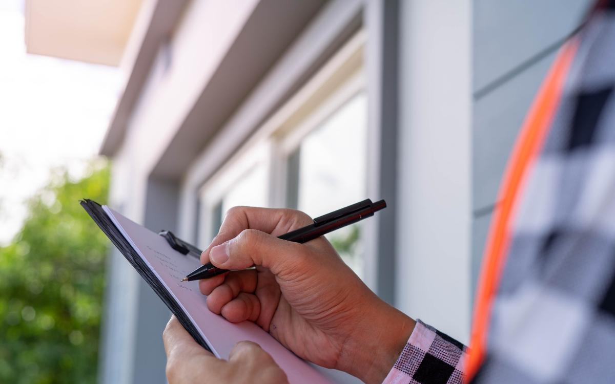Close-up of hands writing on a clipboard outdoors, likely a construction worker taking notes.